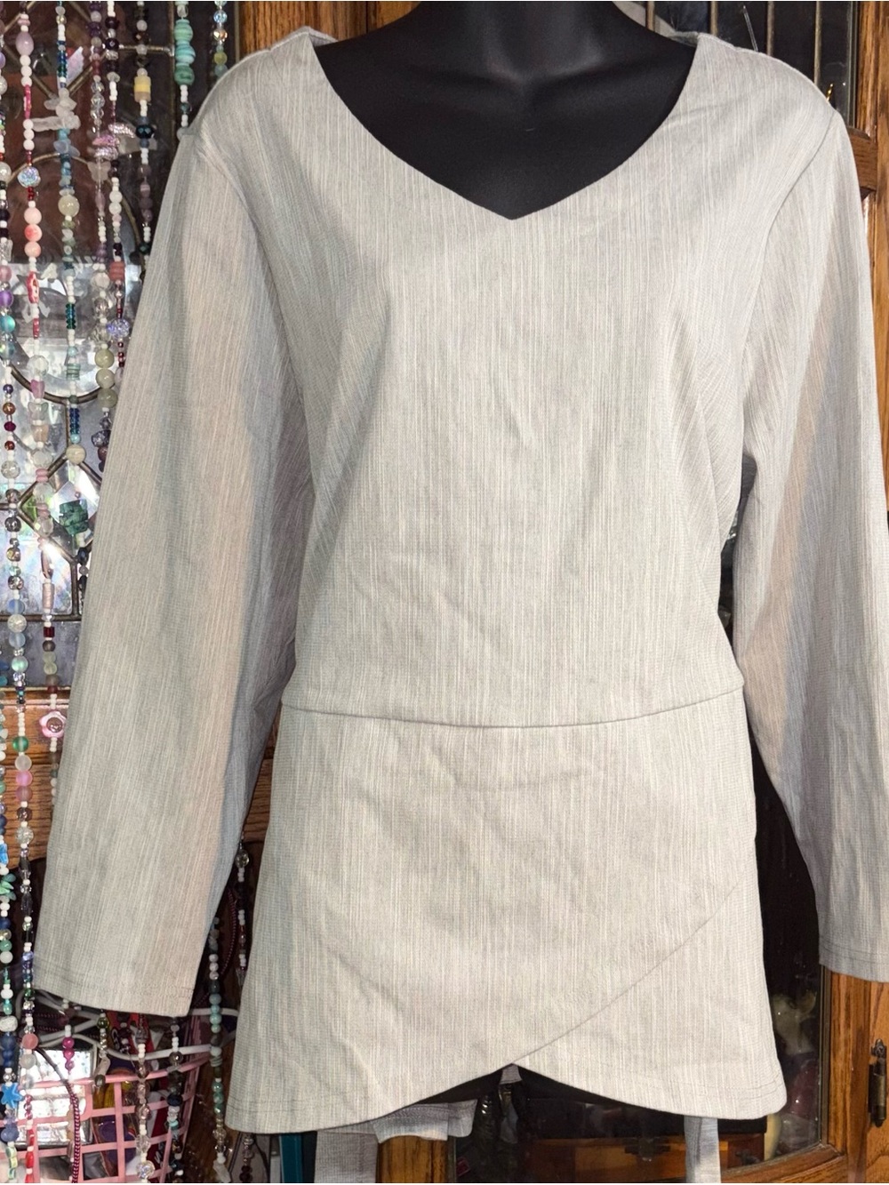 Agnes Orinda top gray long-sleeved knit blouse V-neck tulip hem 2x